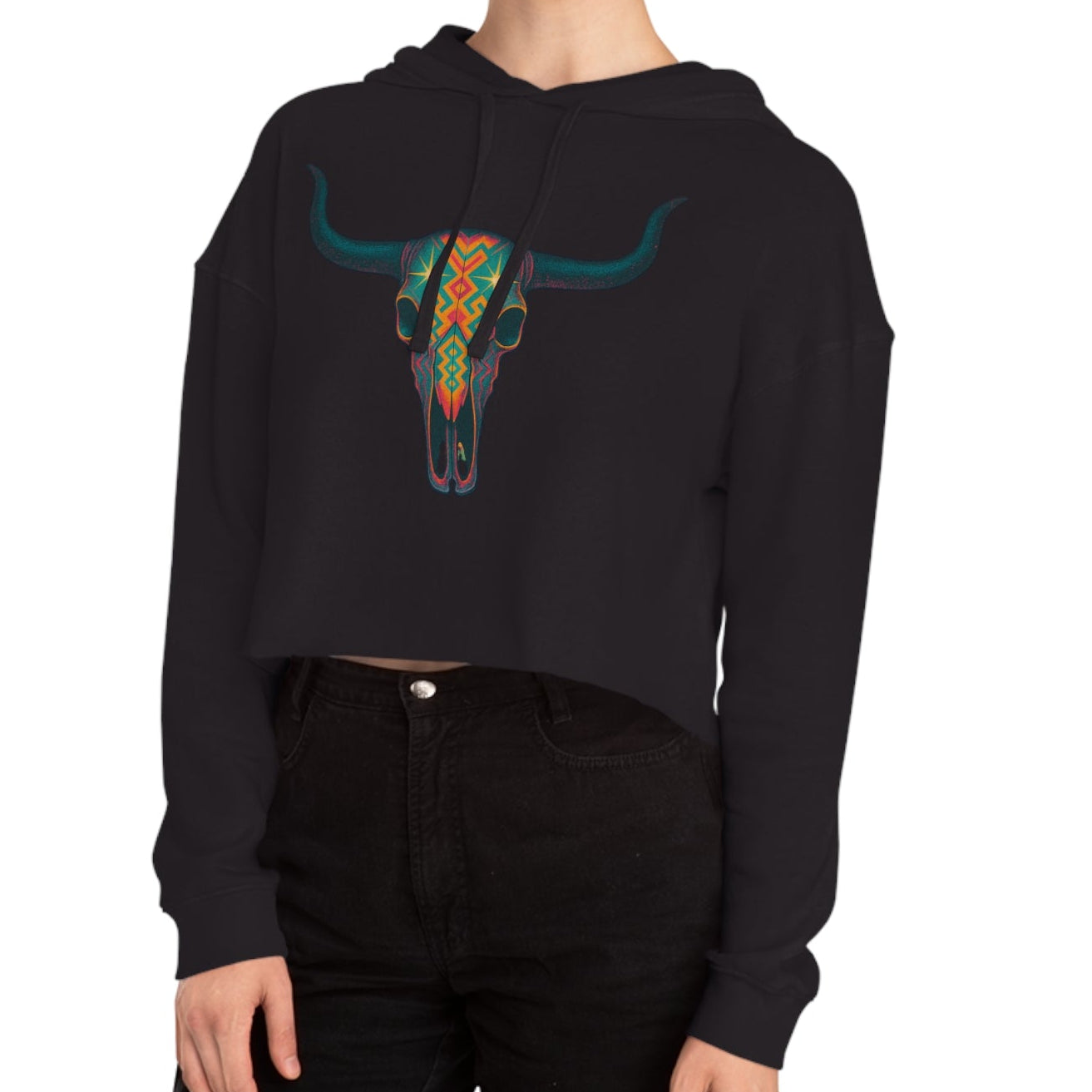 Black hoodie with a colorful bull skull design #black