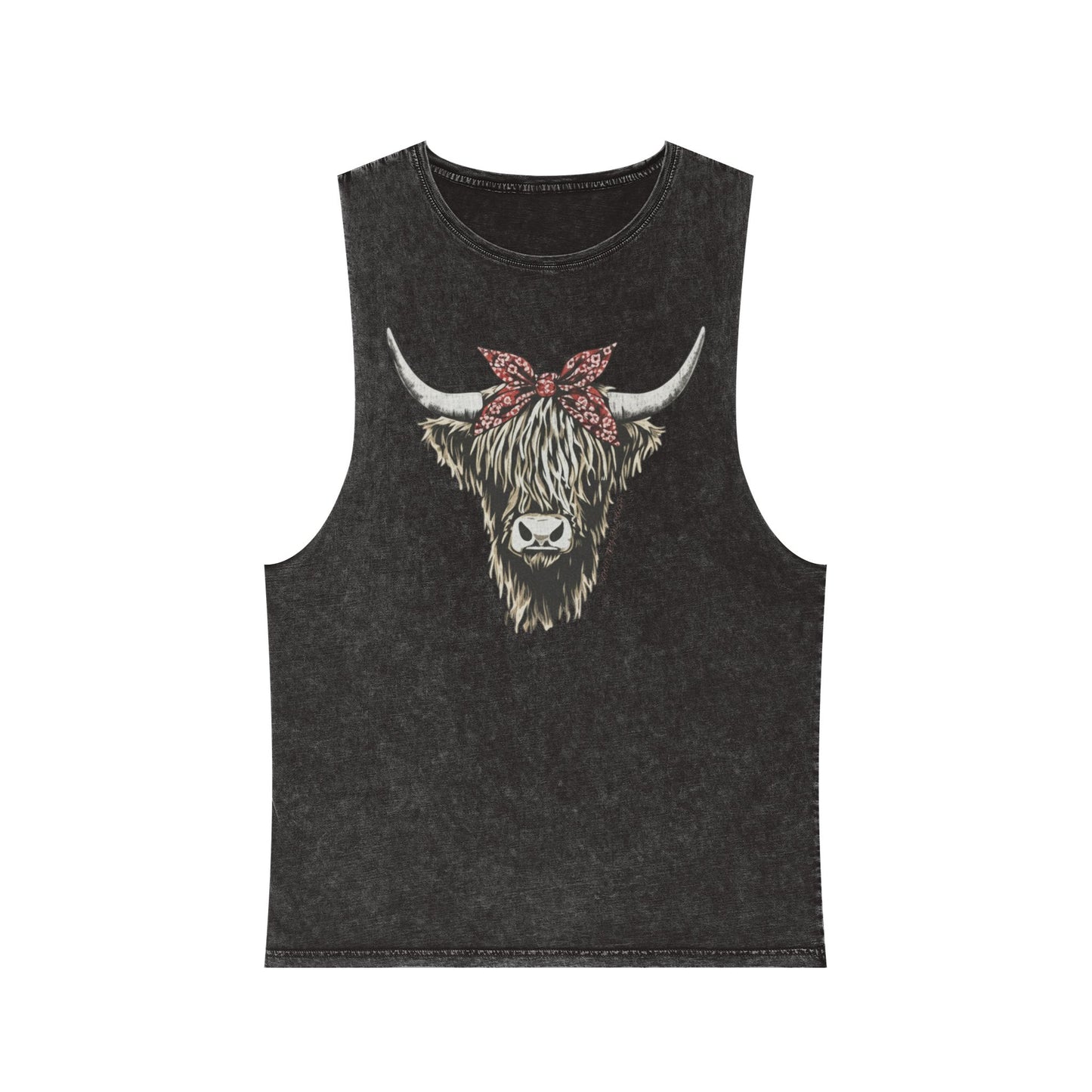 Black Stone distressed washed tank top with a Highland cow in a red bandana bow graphic #blackstone