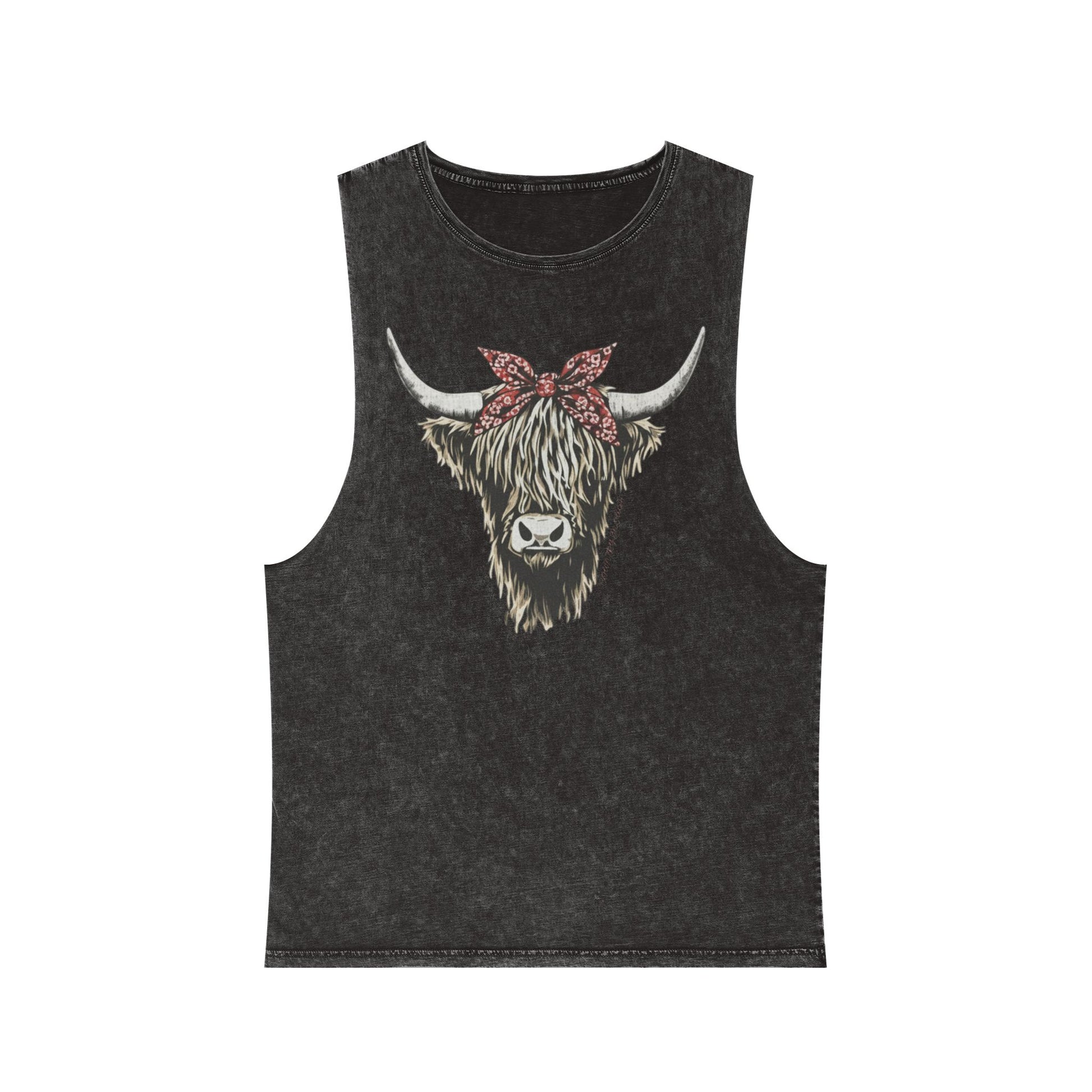 Black Stone distressed washed tank top with a Highland cow in a red bandana bow graphic #blackstone