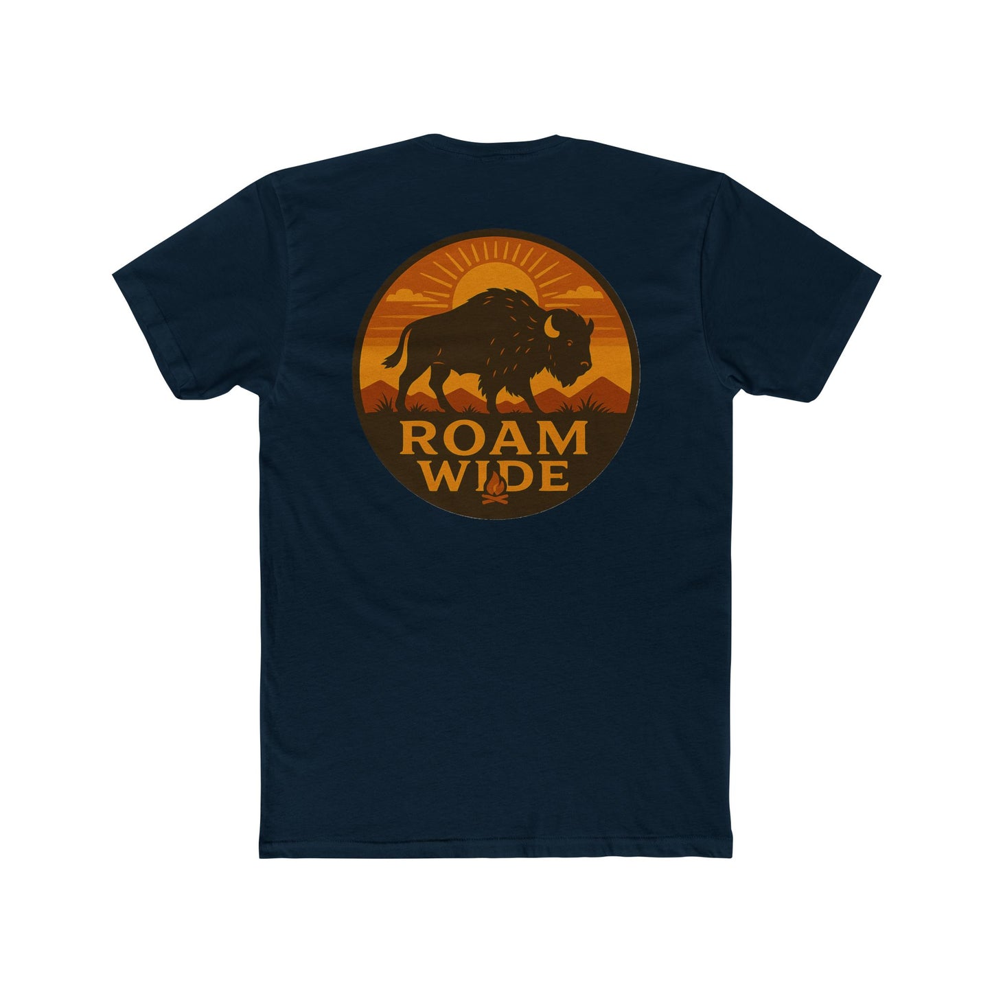 Midnight Navy t-shirt with circular graphic with a bison, mountains, campfire, sun shining, and the words roam wide #midnightnavy