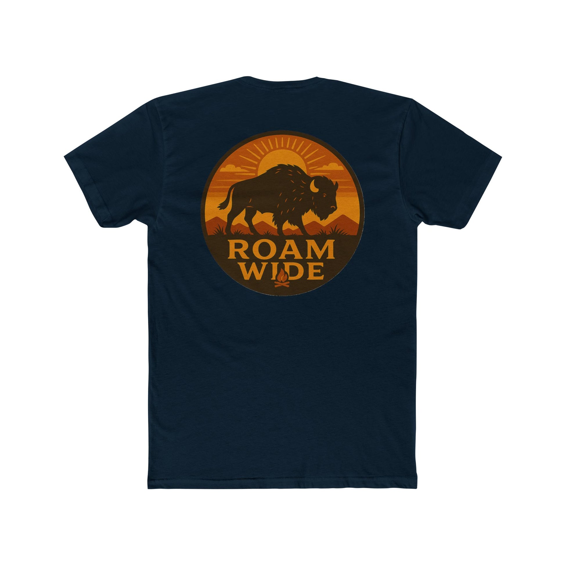 Midnight Navy t-shirt with circular graphic with a bison, mountains, campfire, sun shining, and the words roam wide #midnightnavy