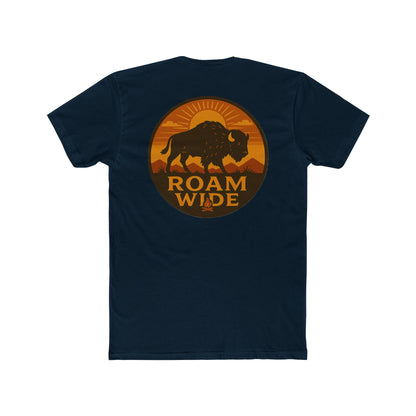 Midnight Navy t-shirt with circular graphic with a bison, mountains, campfire, sun shining, and the words roam wide #midnightnavy