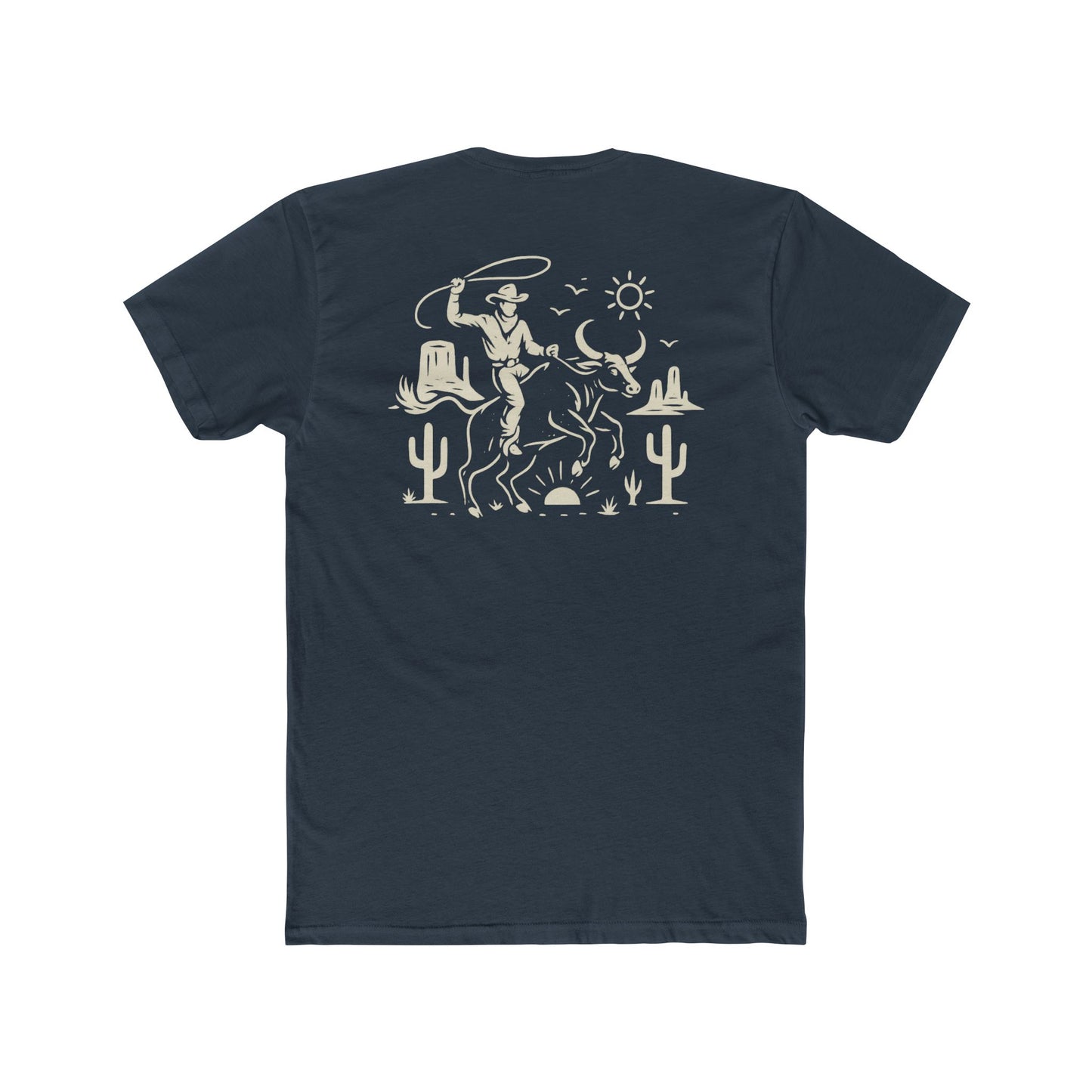 Indigo t-shirt with graphic of a cowboy lassoing on top of a bull in a desert landscape #indigo
