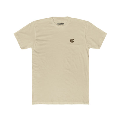 Cream t-shirt with graphic of bronc rider over mountains and sun with the words get western #cream