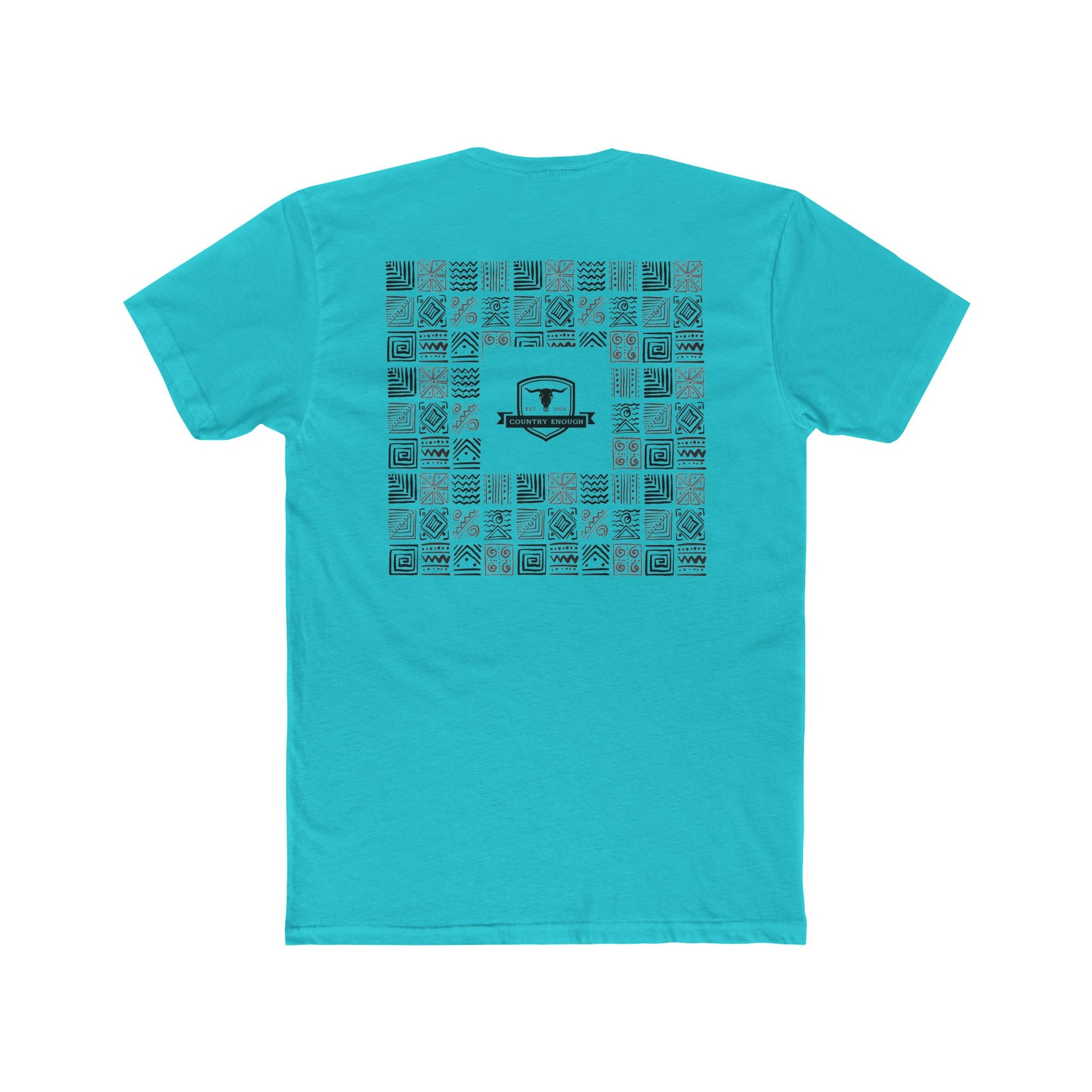 Tahiti Blue t-shirt with graphic of aztec patterns arranged in a square with country enough logo in the center #tahitiblue