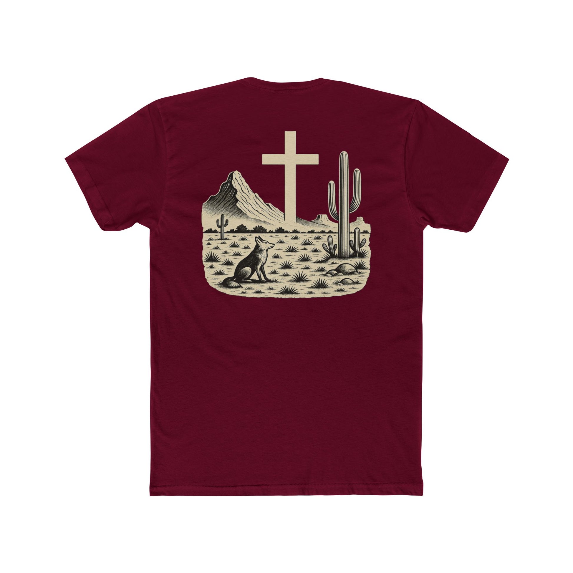 Maroon t-shirt with western landscape, cacti, wolf, mountains, and cross centerpiece #maroon