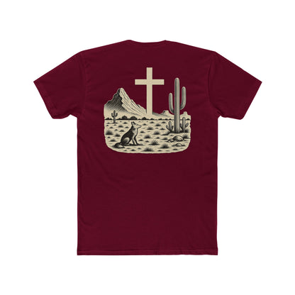 Maroon t-shirt with western landscape, cacti, wolf, mountains, and cross centerpiece #maroon