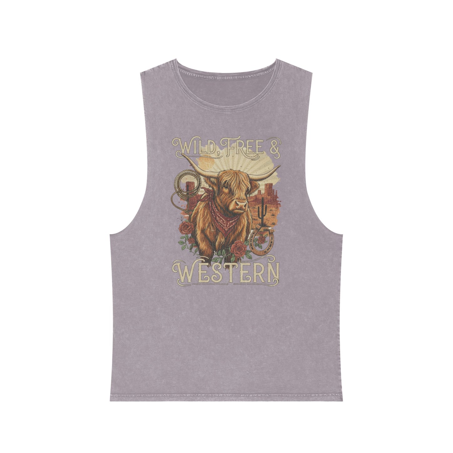 Orchid Stone distressed wash tank top with a highland cow, desert landscape graphic #orchidstone