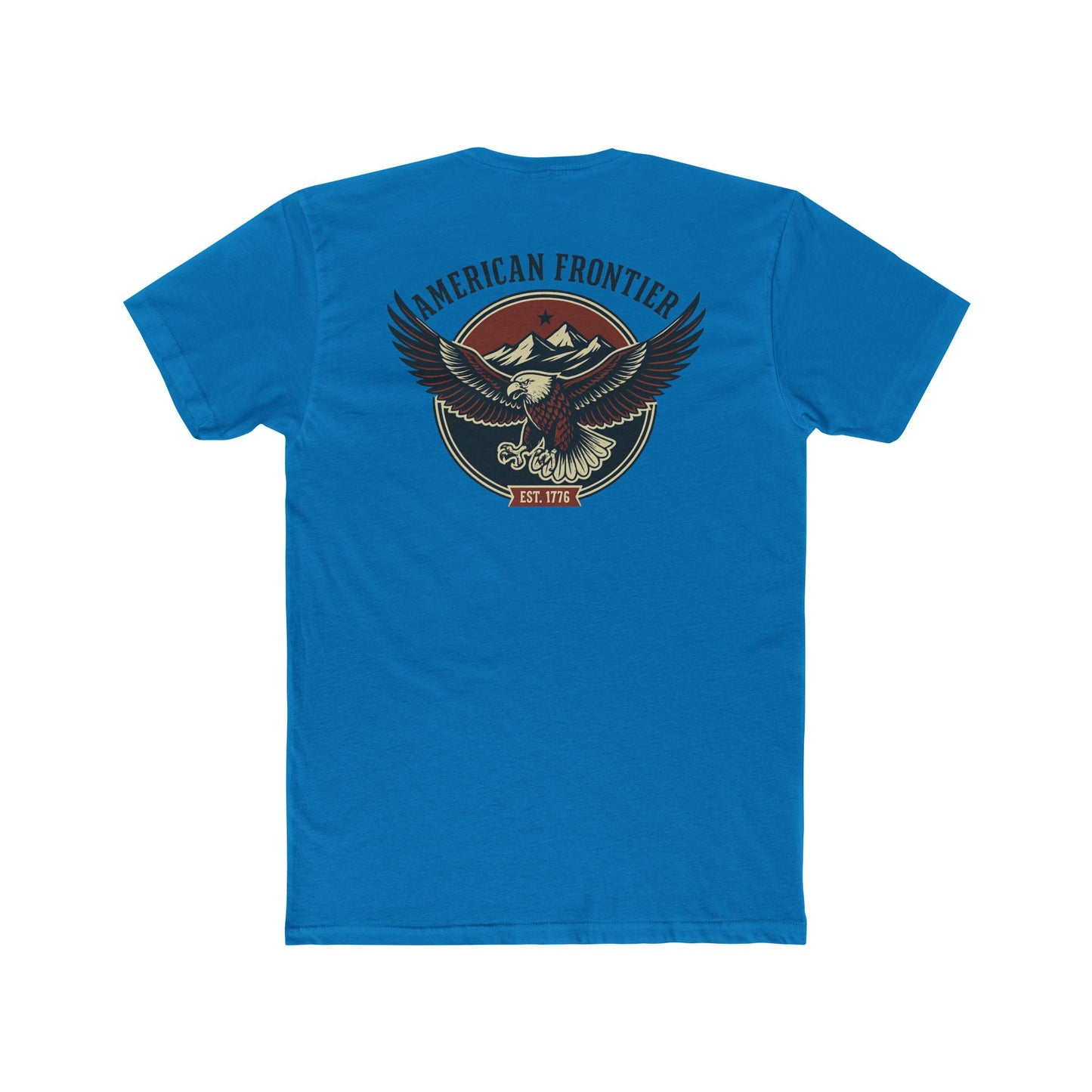 Turquoise t-shirt featuring graphic of an eagle, mountains, and the words American Frontier Est 1776 #turquoise