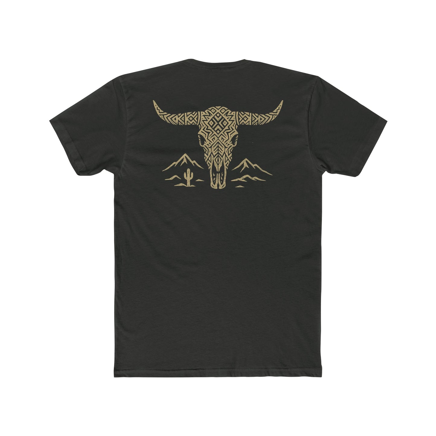 Vintage Black t-shirt with graphic of a aztec pattern in the shape of a bull skull, mountains, and a lone cactus #vintageblack