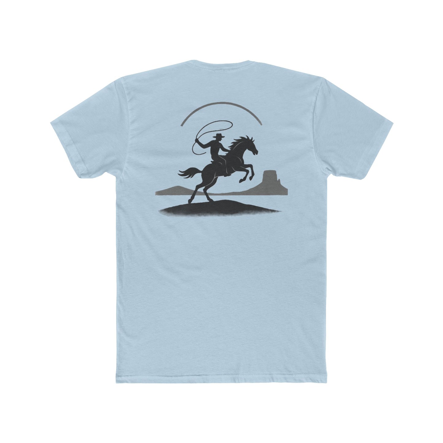 Light Blue t-shirt with graphic of silhouetted cowboy lassoing and desert landscape #lightblue