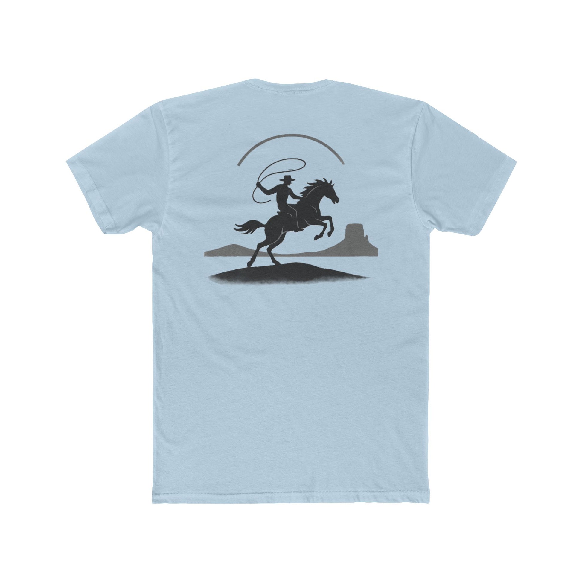 Light Blue t-shirt with graphic of silhouetted cowboy lassoing and desert landscape #lightblue