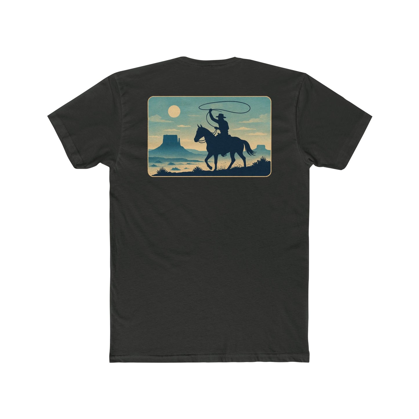 Vintage Black t-shirt featuring horse rider, western landscape, and sun #vintageblack