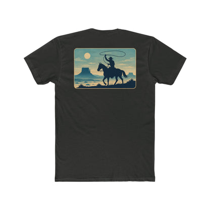 Vintage Black t-shirt featuring horse rider, western landscape, and sun #vintageblack