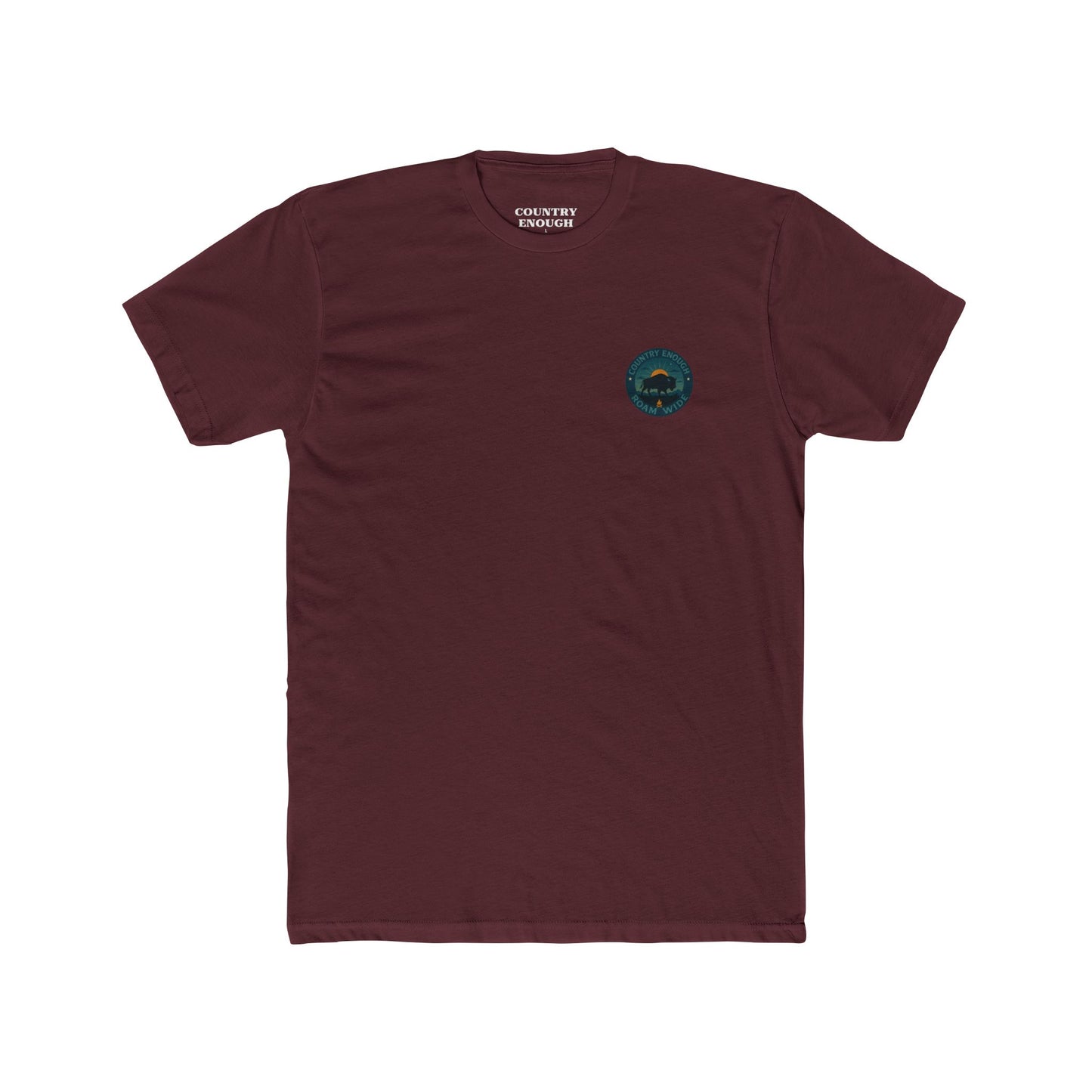 Maroon T-Shirt with graphic of bison, sun, mountains, and the words roam wide #maroon