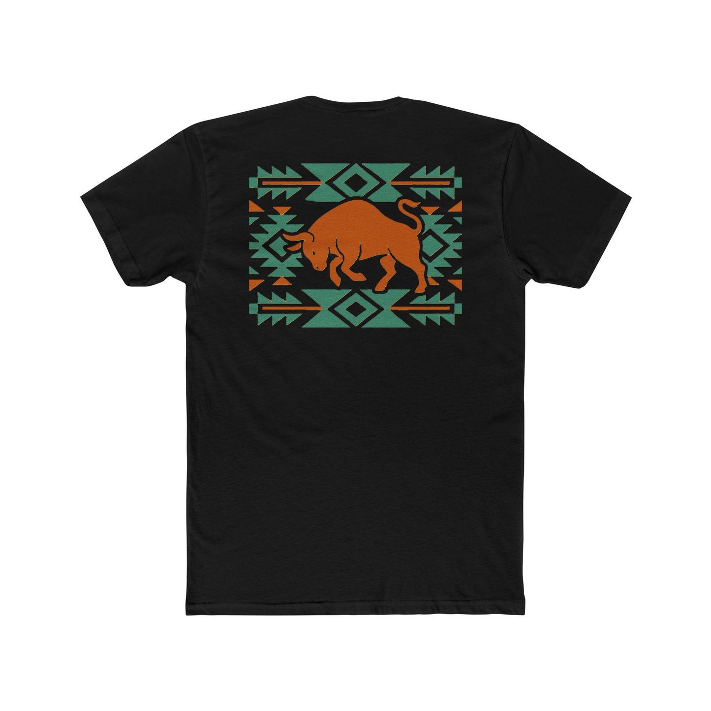 Black t-shirt with graphic of charging bull surround by aztec pattern #black