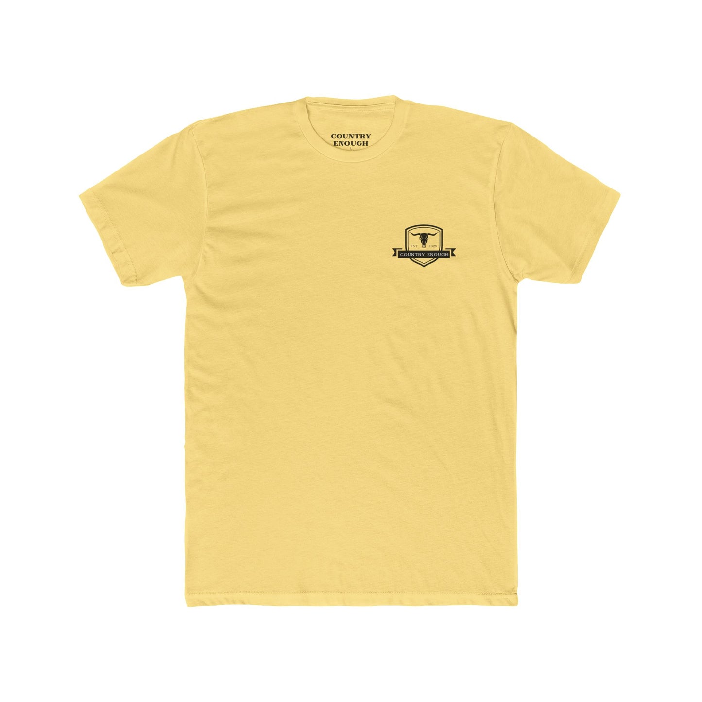 Yellow t-shirt with graphic of aztec patterns arranged in a square with country enough logo in the center #yellow