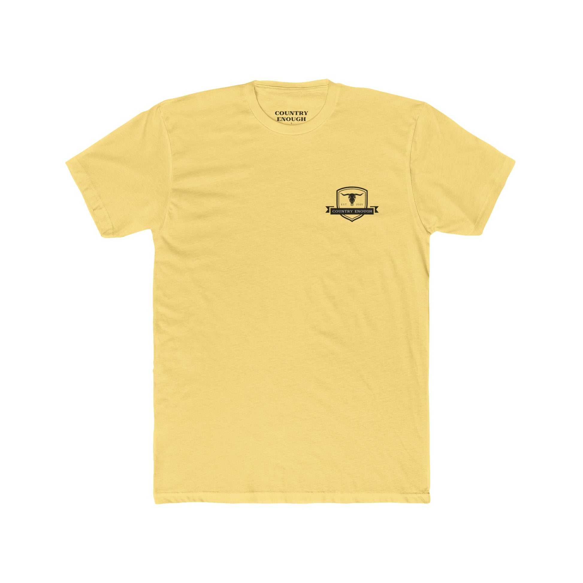 Yellow t-shirt with graphic of aztec patterns arranged in a square with country enough logo in the center #yellow