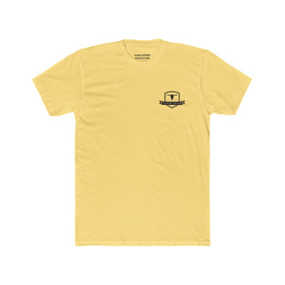Yellow t-shirt with graphic of aztec patterns arranged in a square with country enough logo in the center #yellow