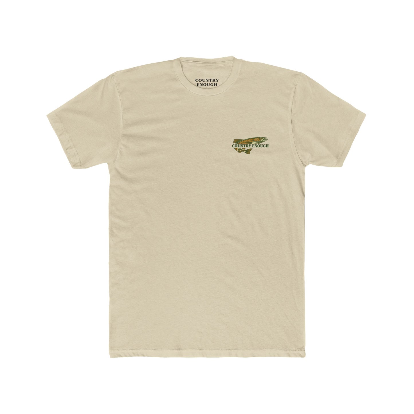 Cream t-shirt with a trout, mountains, trees and water graphic #cream