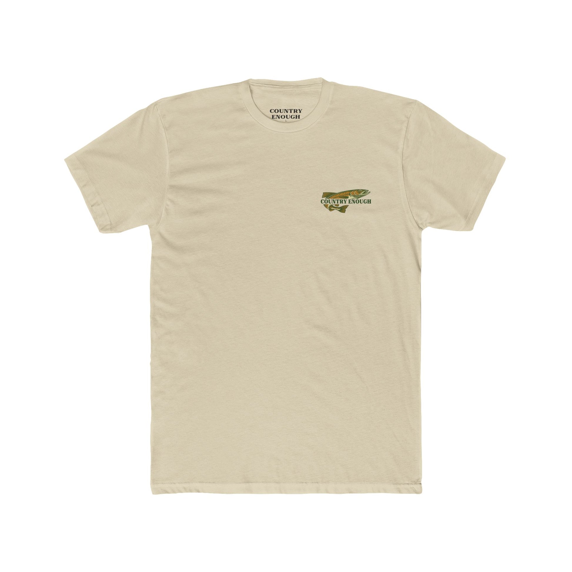 Cream t-shirt with a trout, mountains, trees and water graphic #cream