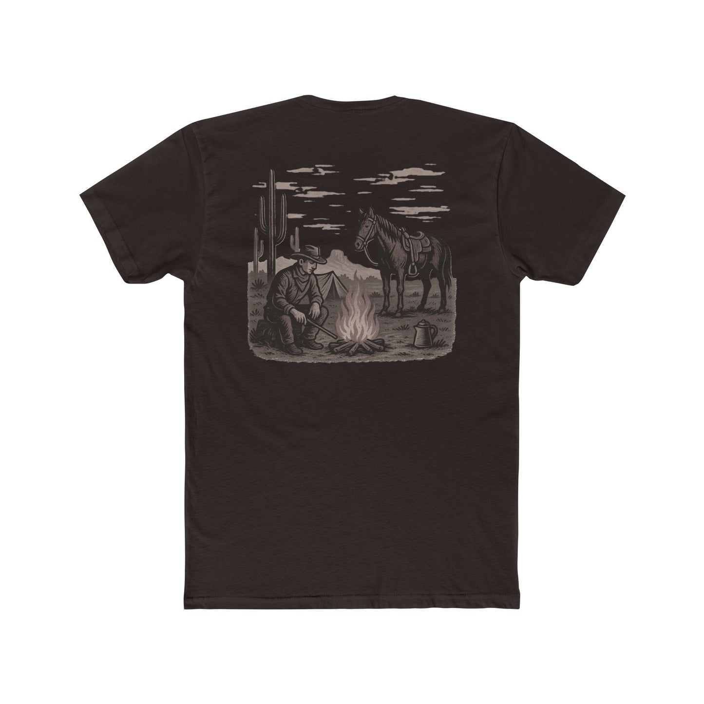 Dark Brown t-shirt with graphic of cowboy and horse sitting at a campfire in a desert landscape #darkbrown