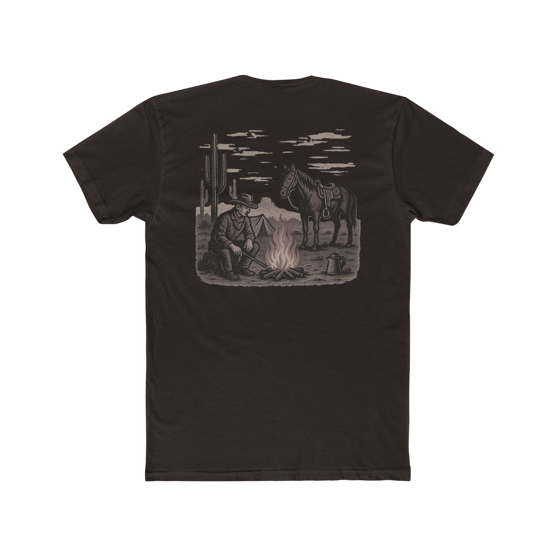 Dark Brown t-shirt with graphic of cowboy and horse sitting at a campfire in a desert landscape #darkbrown