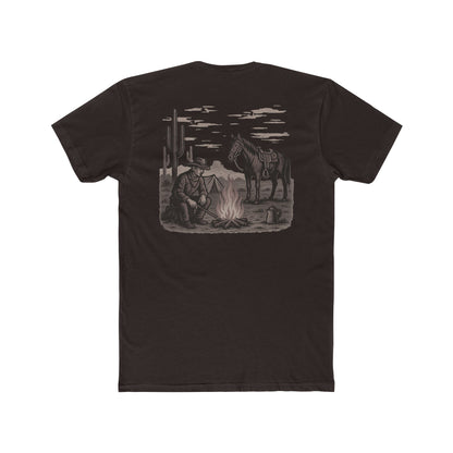 Dark Brown t-shirt with graphic of cowboy and horse sitting at a campfire in a desert landscape #darkbrown