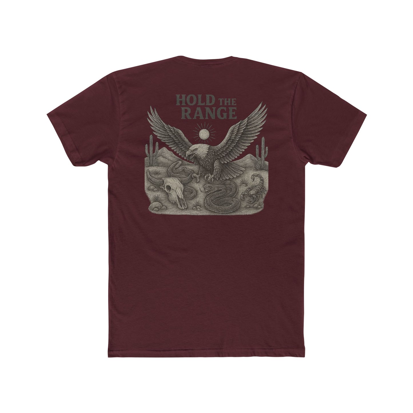 Maroon T-Shirt with graphic of desert landscape, eagle, bull skull, cacti, scorpion, sun, and words hold the range #maroon