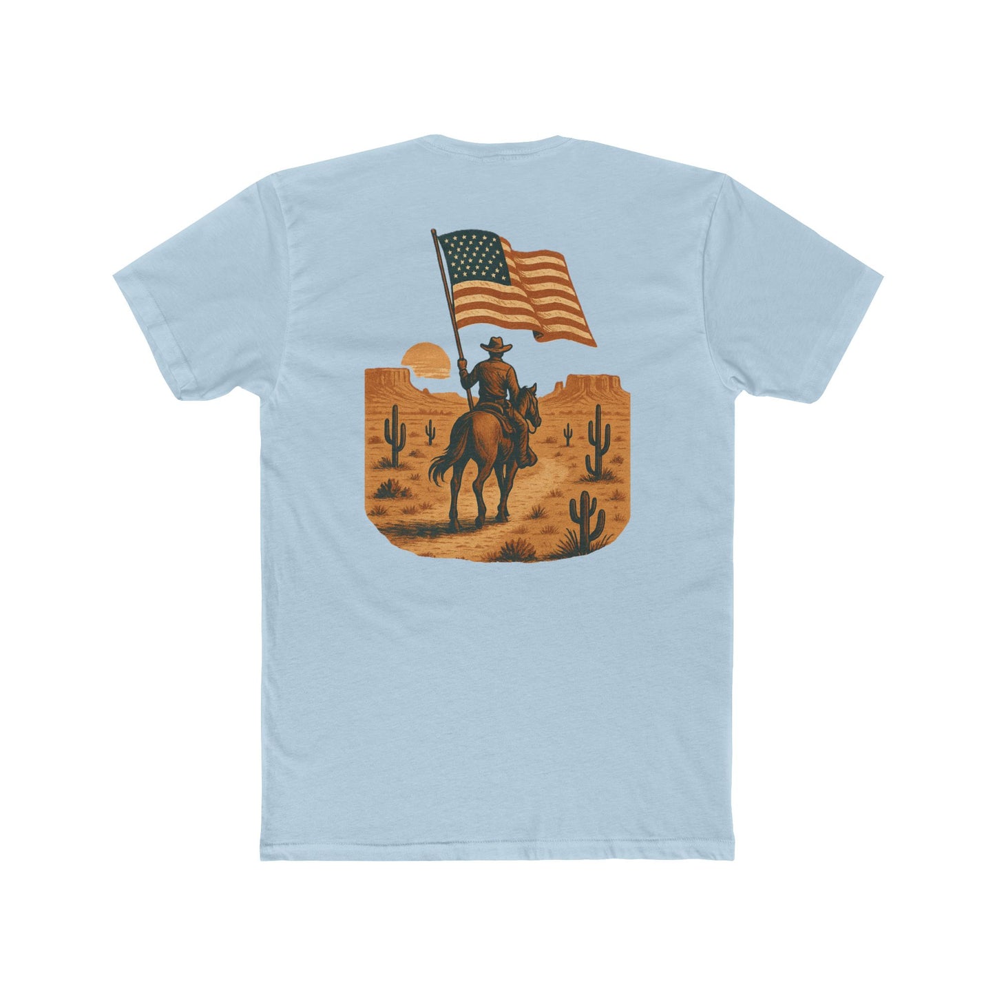 Light Blue t-shirt with graphic of western horse and rider holding the American flag in the desert with cacti at sunset #lightblue