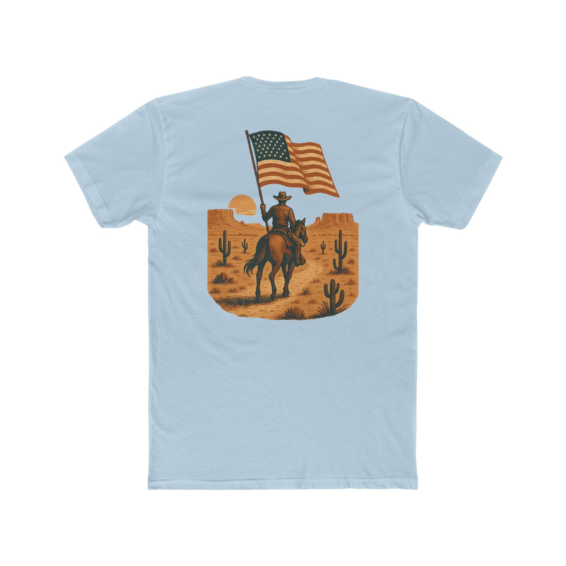 Light Blue t-shirt with graphic of western horse and rider holding the American flag in the desert with cacti at sunset #lightblue