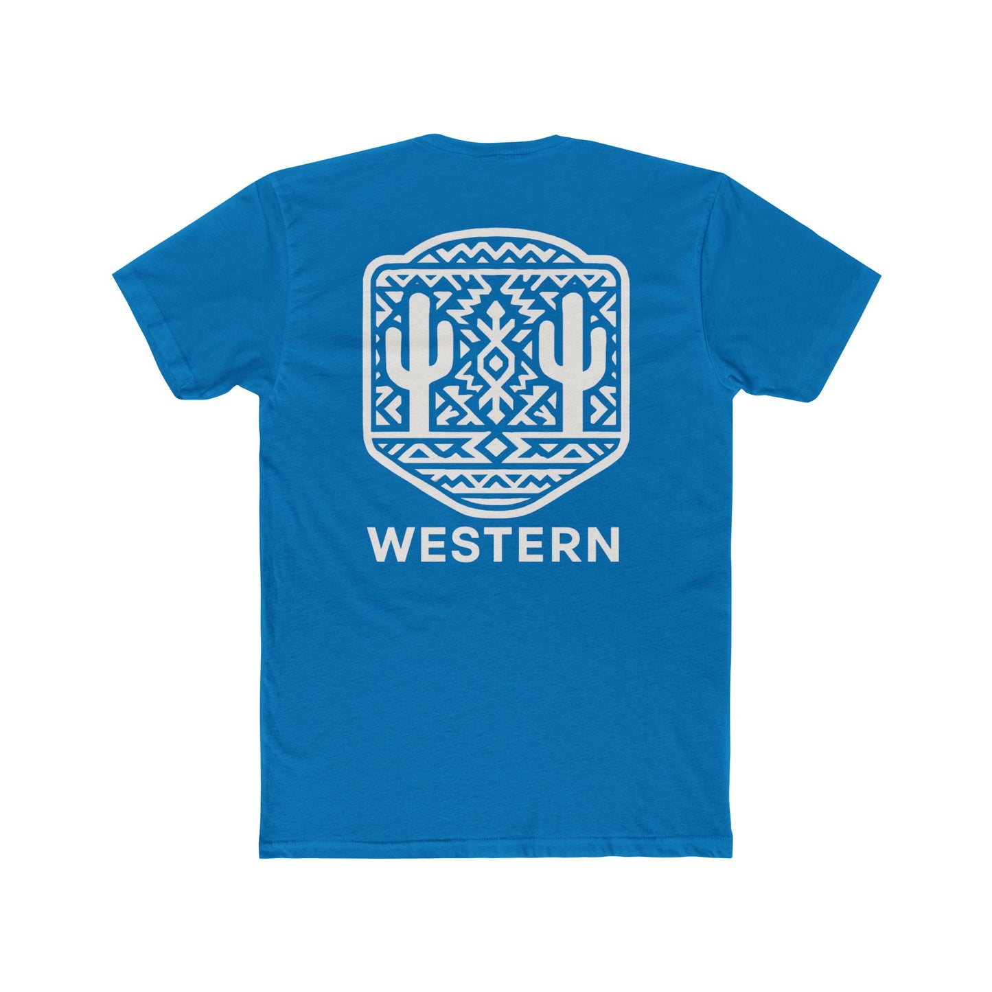 Turquoise t-shirt with aztec pattern and cacti inside a geometric border with word western across the bottom #turquoise