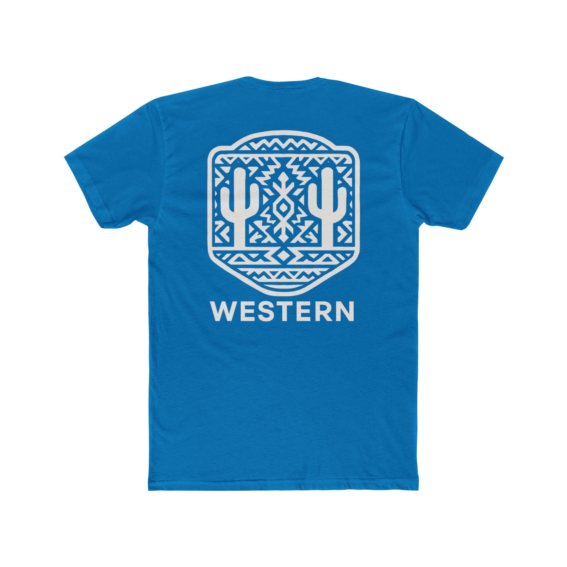 Turquoise t-shirt with aztec pattern and cacti inside a geometric border with word western across the bottom #turquoise