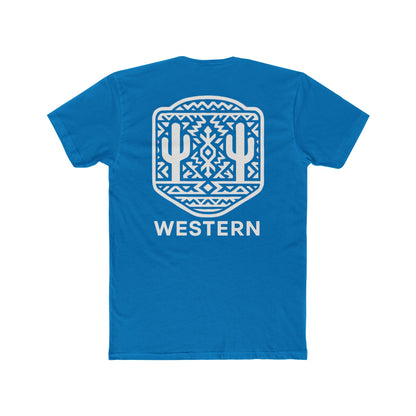 Turquoise t-shirt with aztec pattern and cacti inside a geometric border with word western across the bottom #turquoise