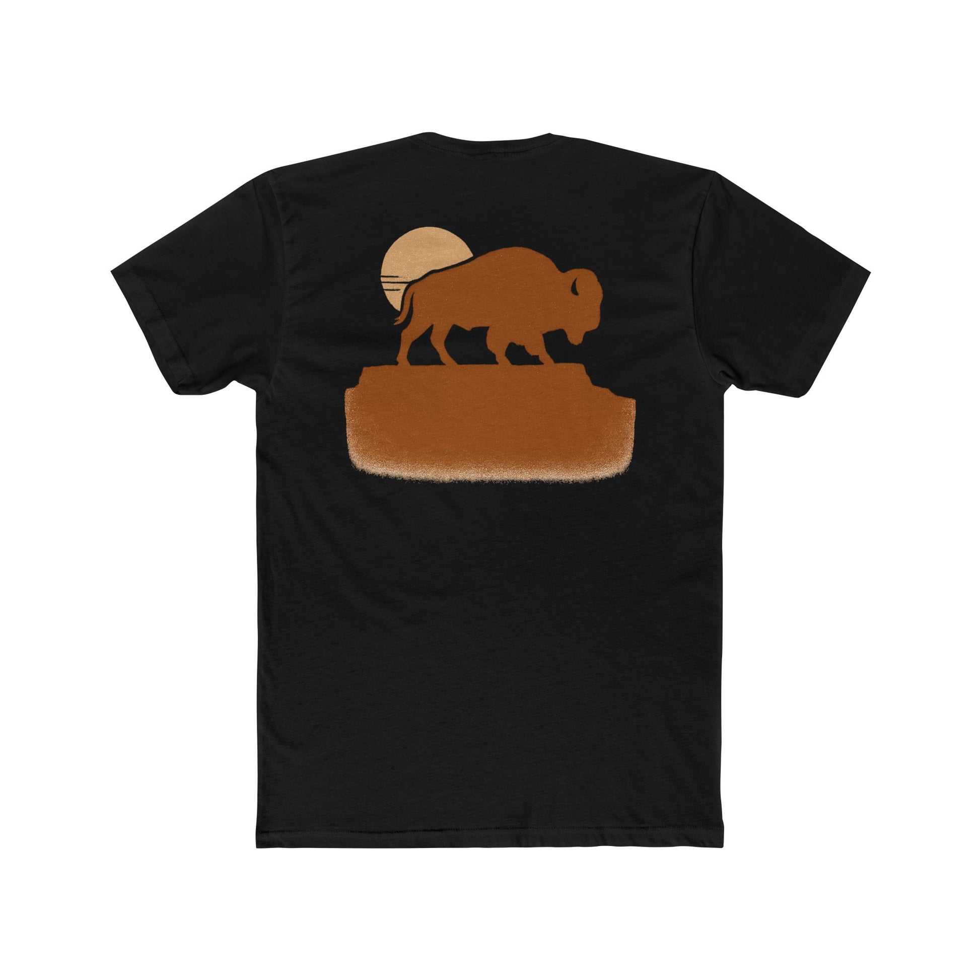 Black t-shirt with graphic of bison atop a plateau and the sun behind #black