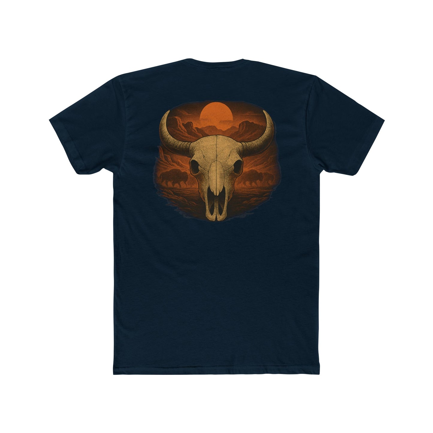 Midnight Navy t-shirt with graphic of bison skull, bison silhouettes, valley landscape, and a sun #midnightnavy