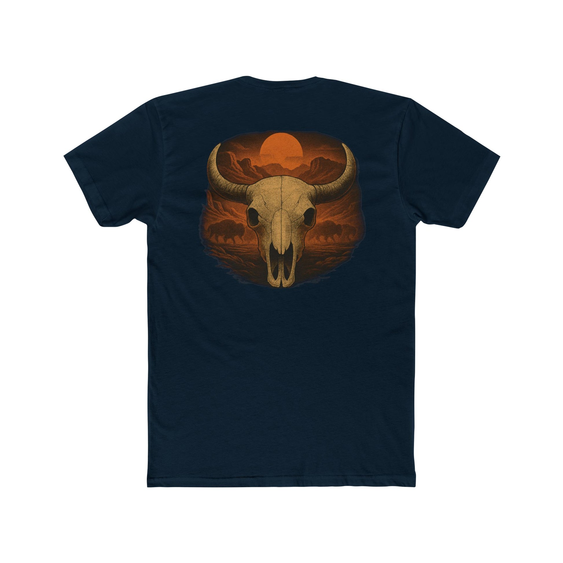 Midnight Navy t-shirt with graphic of bison skull, bison silhouettes, valley landscape, and a sun #midnightnavy