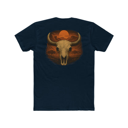 Midnight Navy t-shirt with graphic of bison skull, bison silhouettes, valley landscape, and a sun #midnightnavy