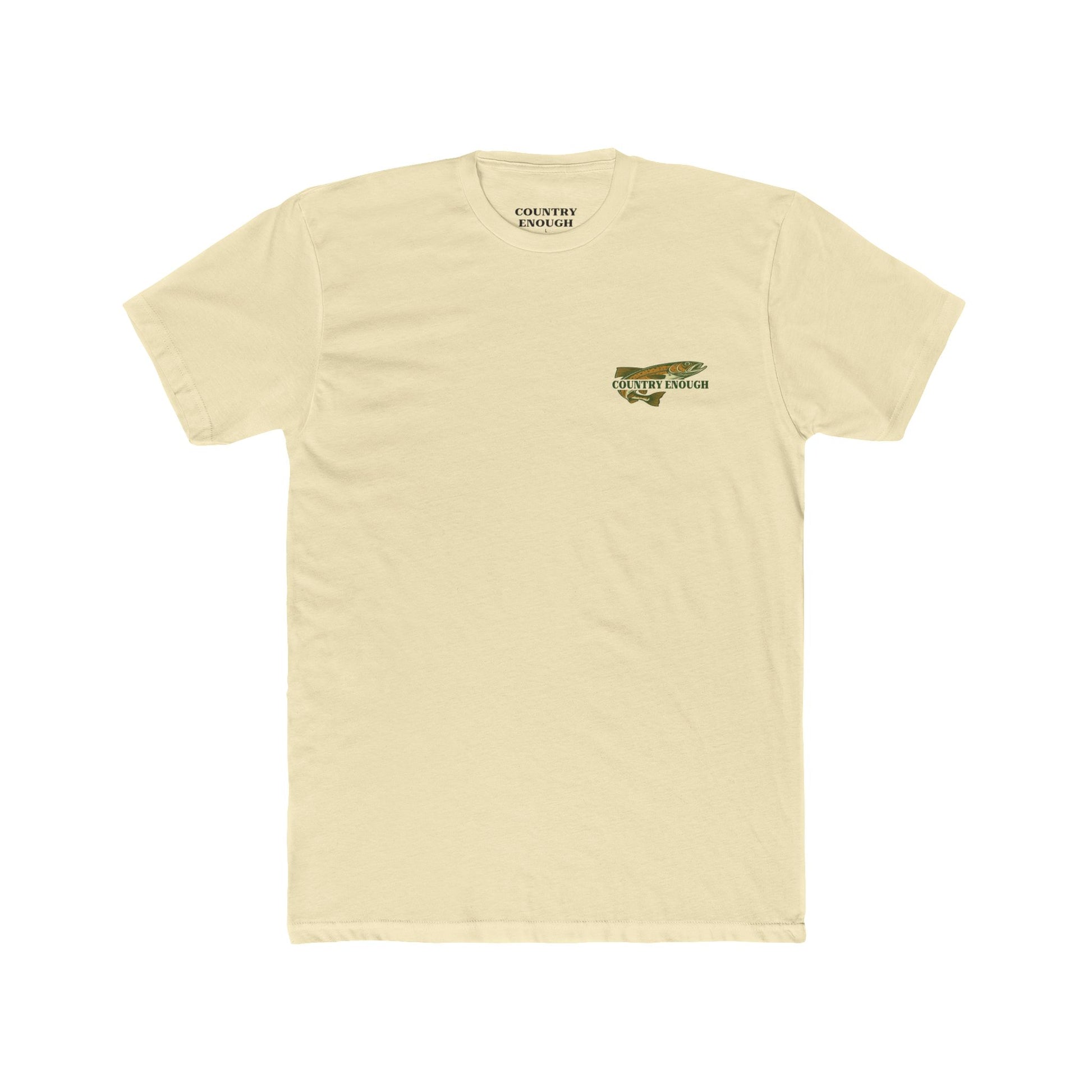 Solid Natural t-shirt with a trout, mountains, trees and water graphic #solidnatural