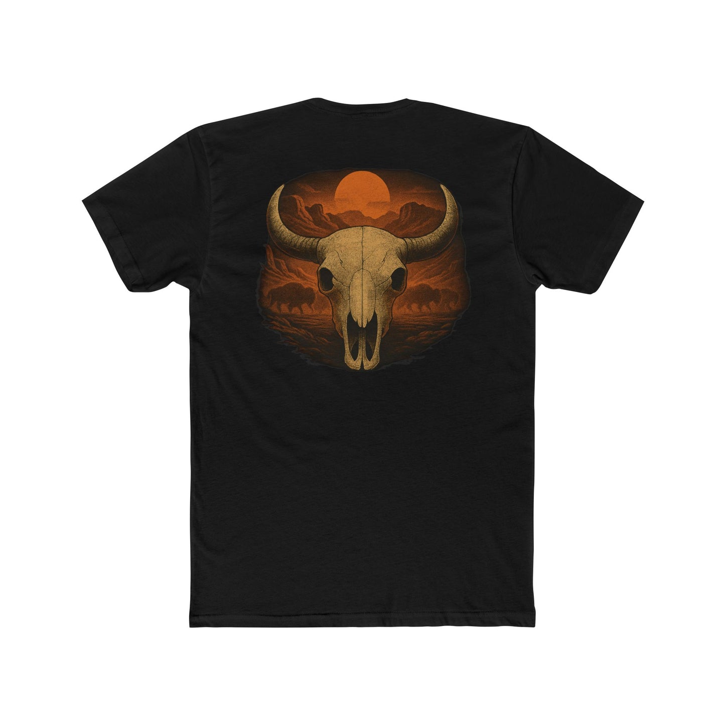 Black t-shirt with graphic of bison skull, bison silhouettes, valley landscape, and a sun #black