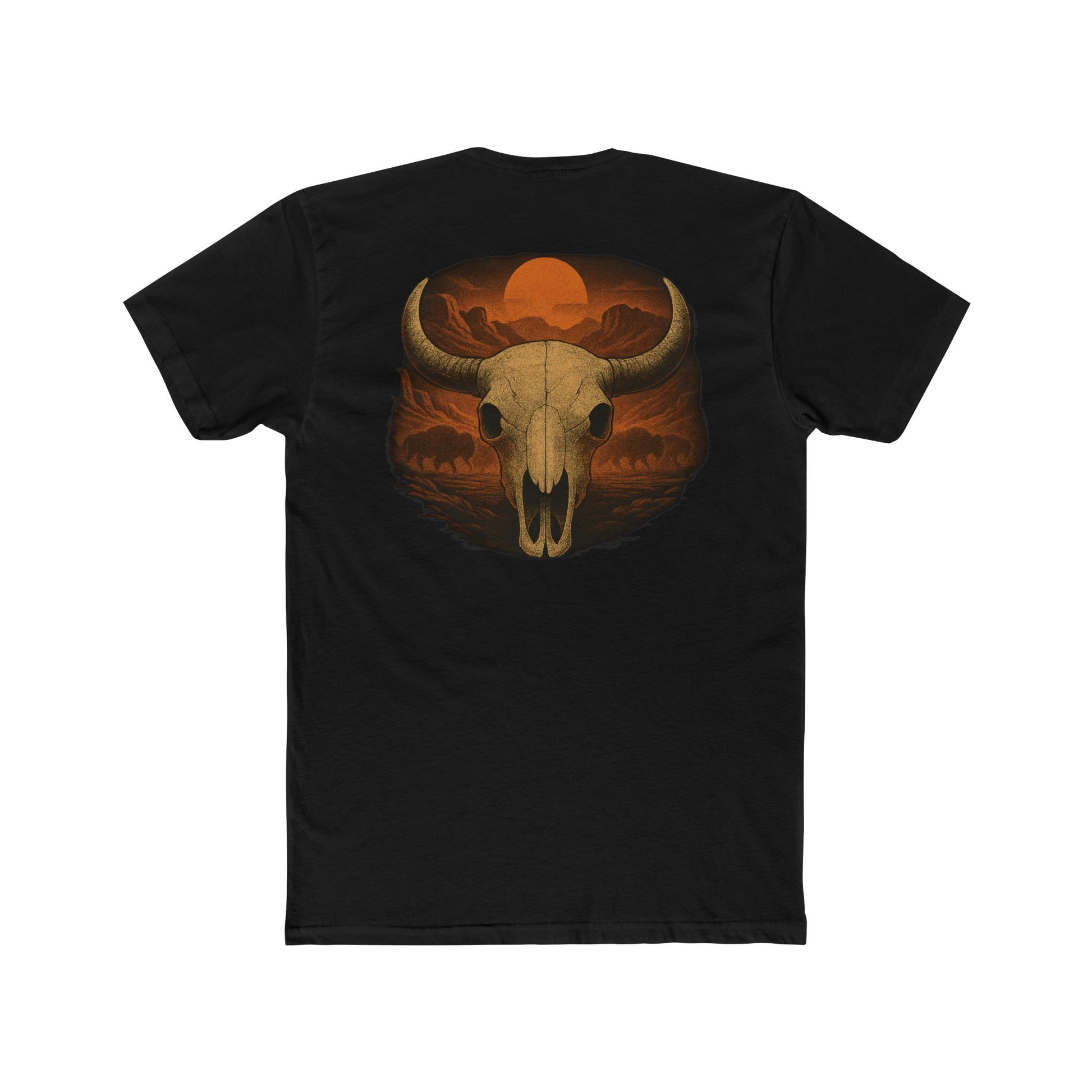 Black t-shirt with graphic of bison skull, bison silhouettes, valley landscape, and a sun #black