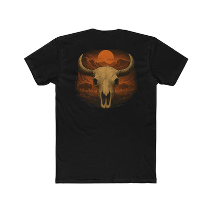 Black t-shirt with graphic of bison skull, bison silhouettes, valley landscape, and a sun #black