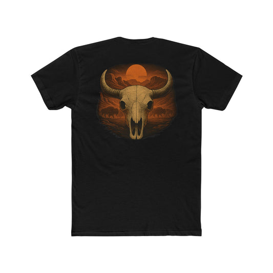 Black t-shirt with graphic of bison skull, bison silhouettes, valley landscape, and a sun #black