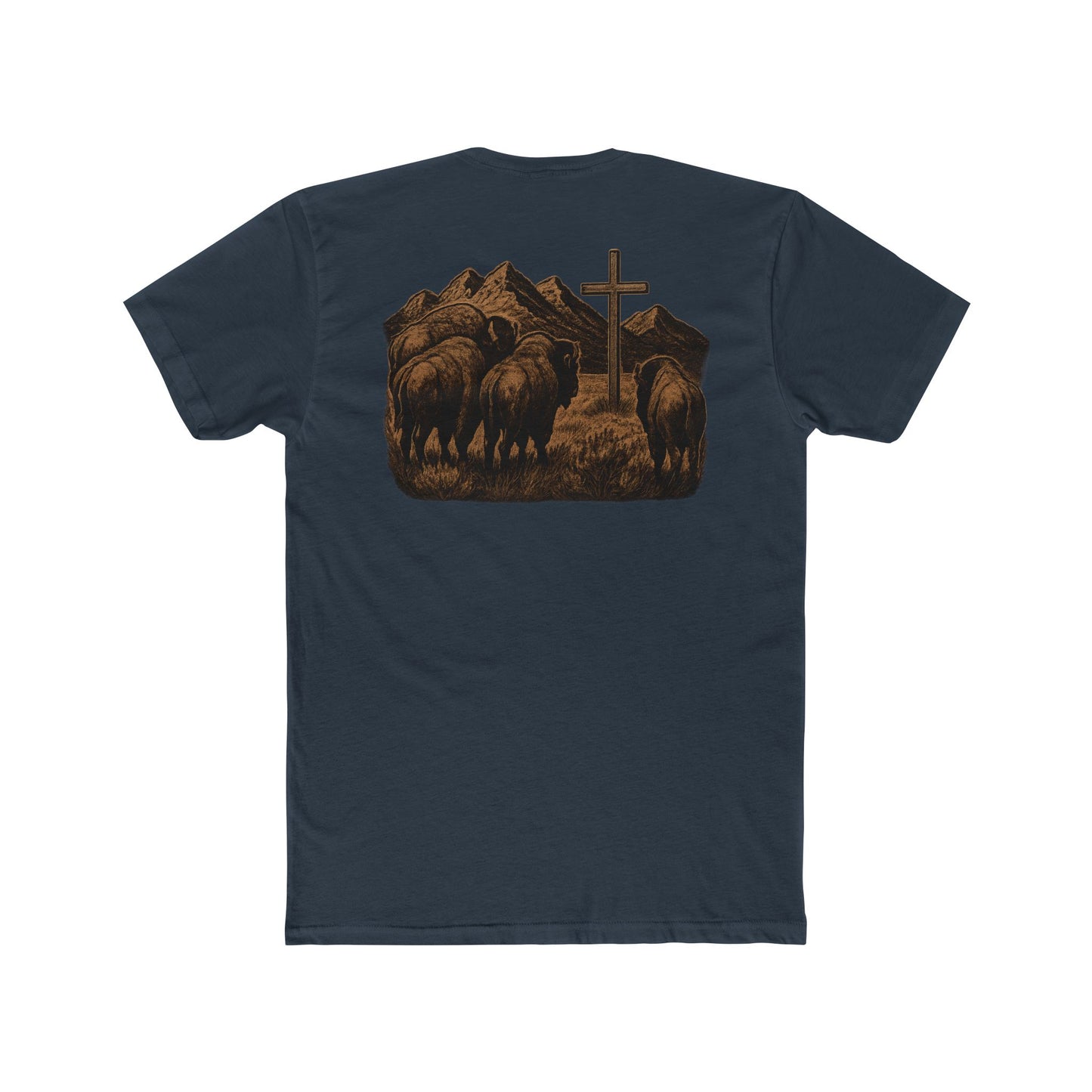 Indigo t-shirt with bison staring at a cross on the plains by the mountains #indigo