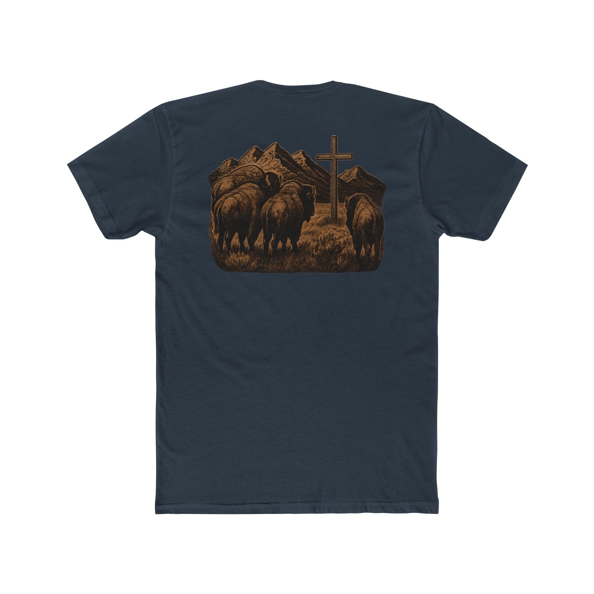 Indigo t-shirt with bison staring at a cross on the plains by the mountains #indigo