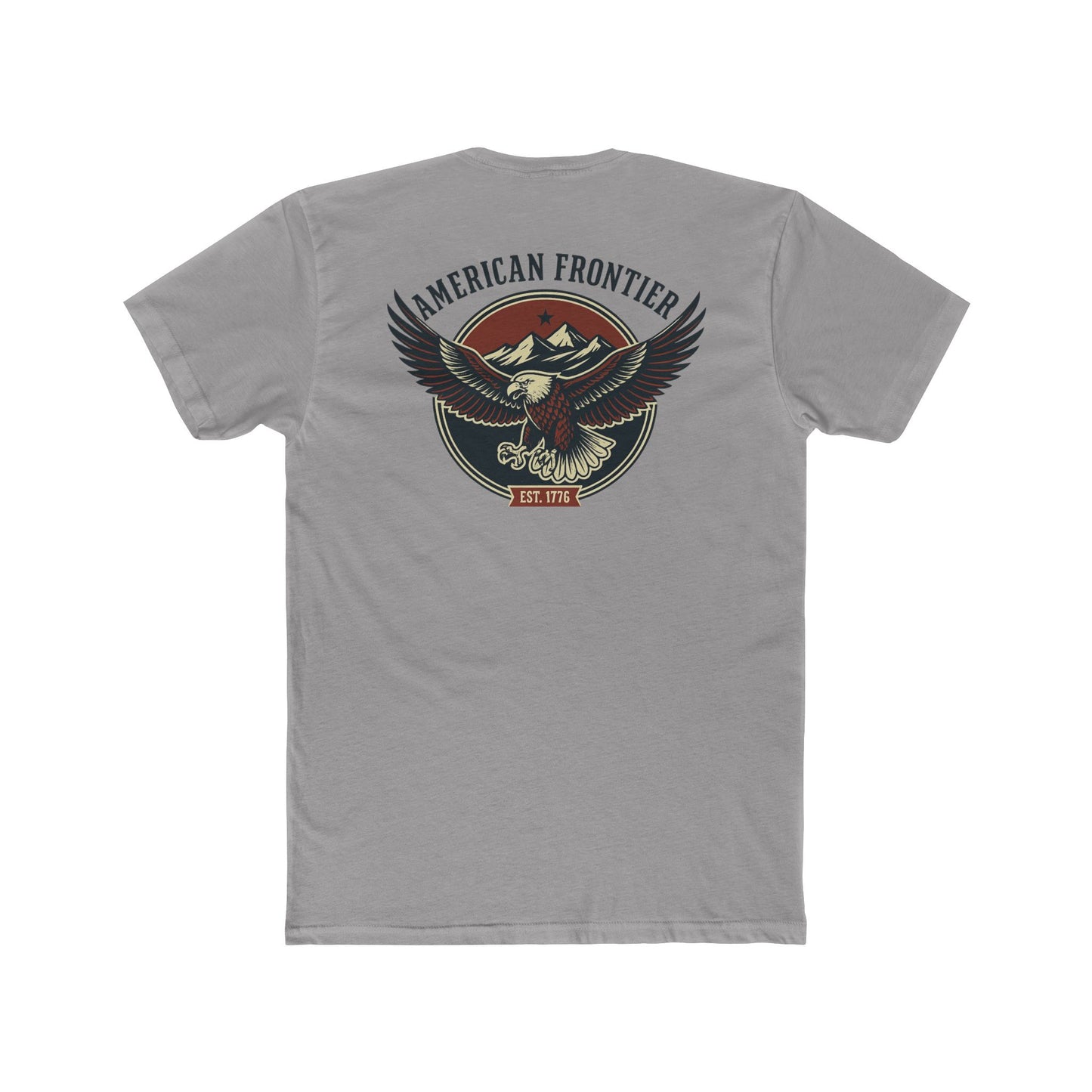 Gray t-shirt featuring graphic of an eagle, mountains, and the words American Frontier Est 1776 #gray