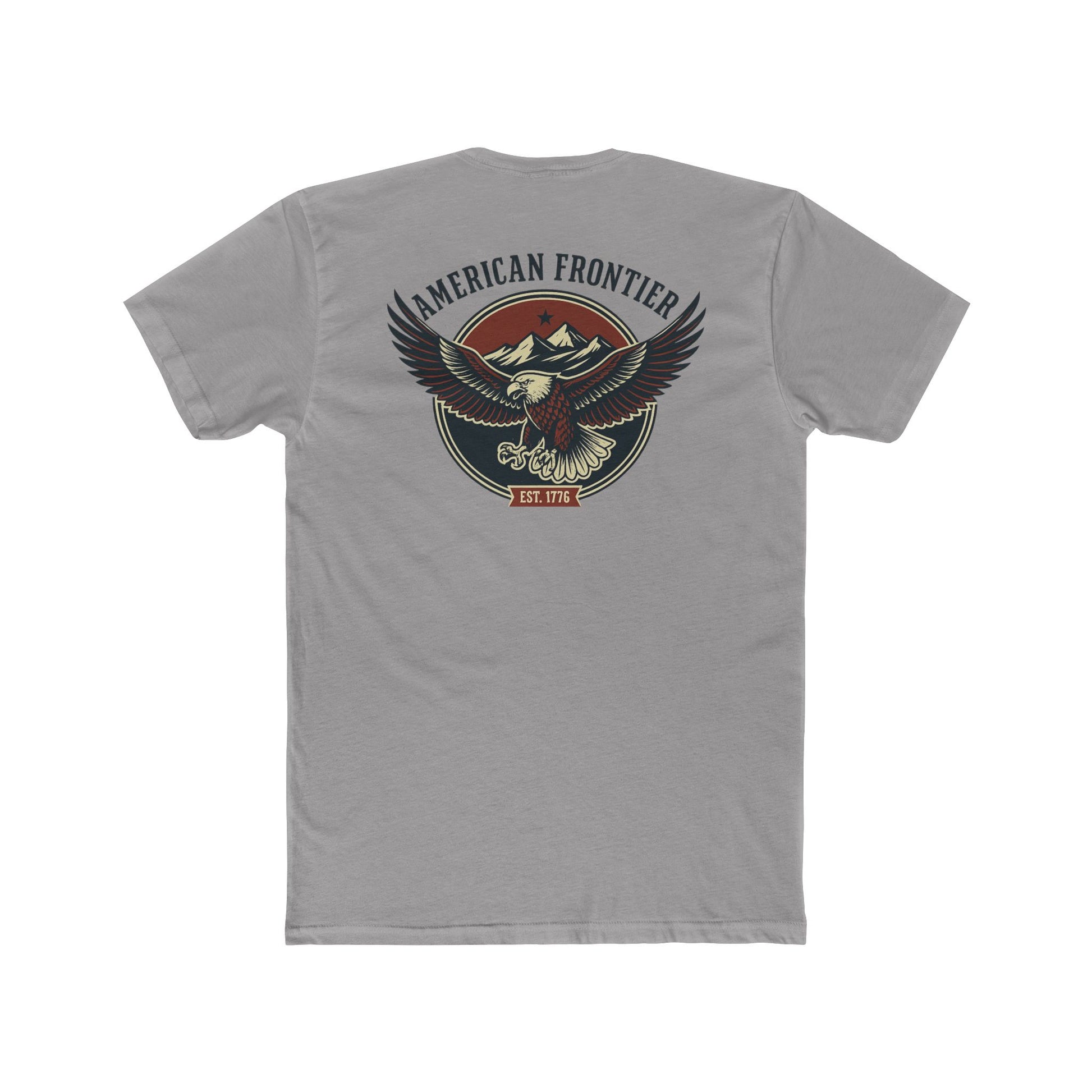 Gray t-shirt featuring graphic of an eagle, mountains, and the words American Frontier Est 1776 #gray