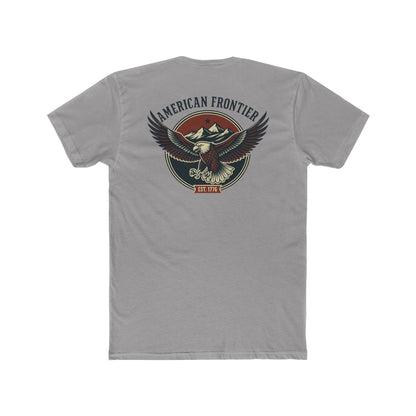 Gray t-shirt featuring graphic of an eagle, mountains, and the words American Frontier Est 1776 #gray