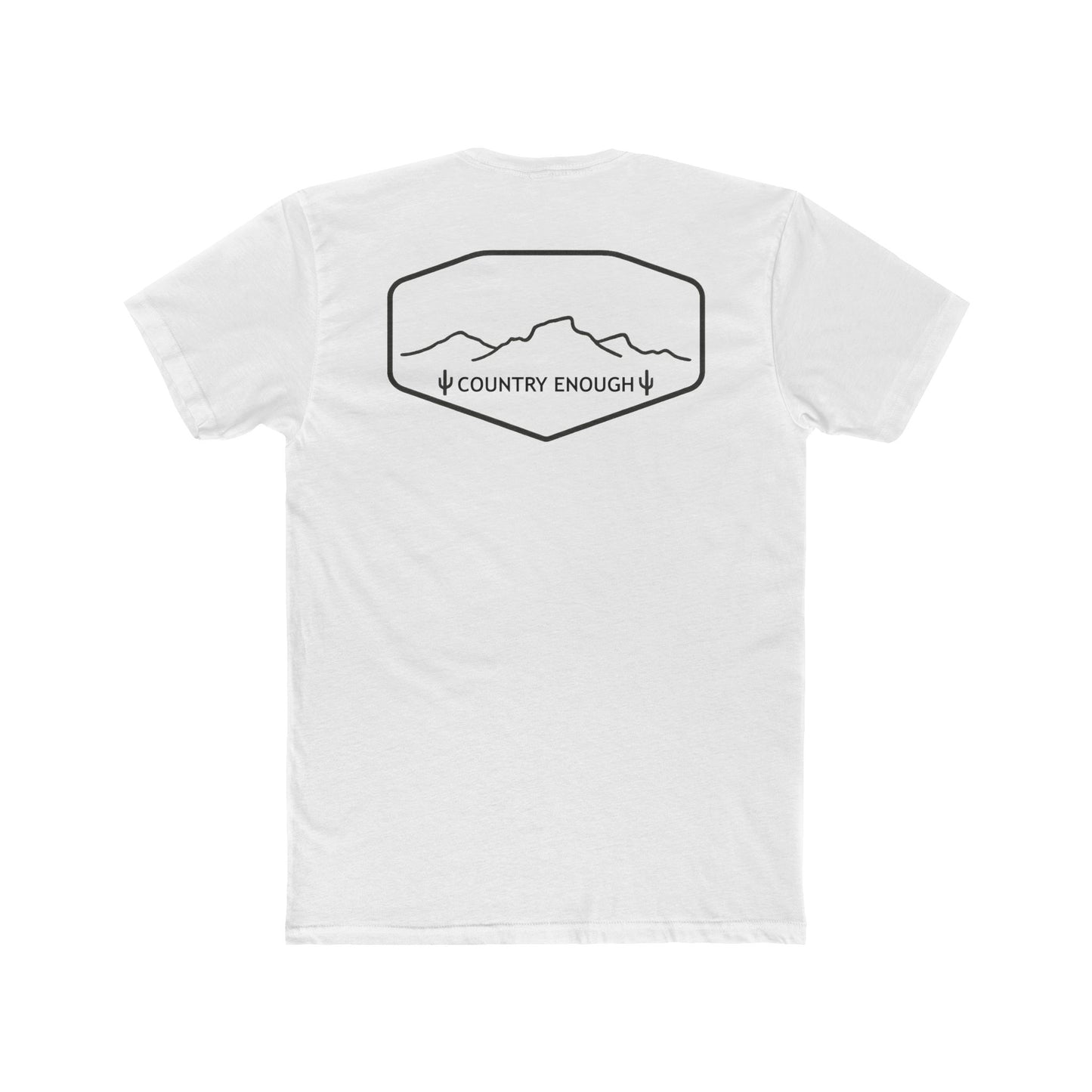 White t-shirt with graphic of a line mountain drawing, cacti and the words Country Enough #white
