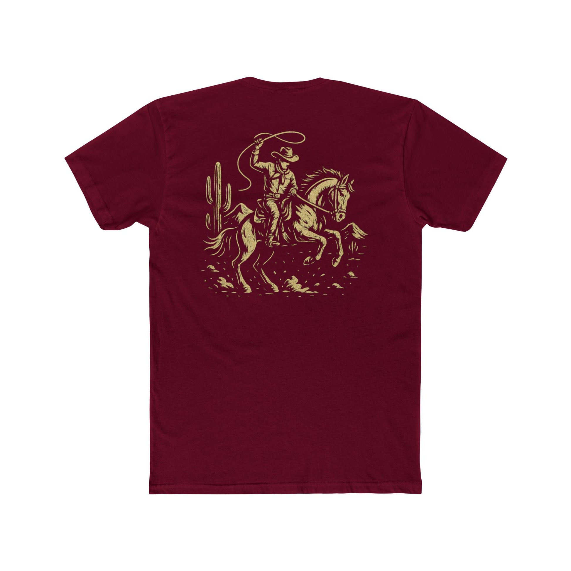 Cardinal Red t-shirt with graphic of monochrome horse rider, lasso, and western landscape #cardinalred